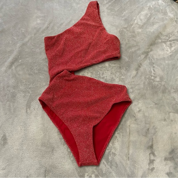 New! Beach Riot Red Metallic Celine One Shoulder One Piece Swimsuit 24391 - Picture 5 of 10